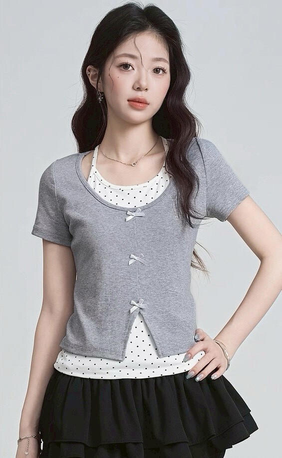 假兩件點點蝴蝶結上衣