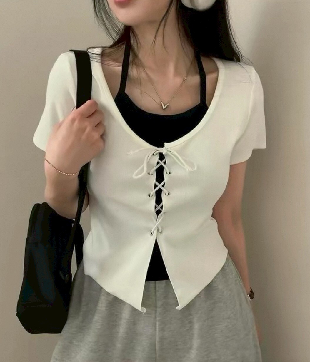前綁帶假兩件撞色上衣