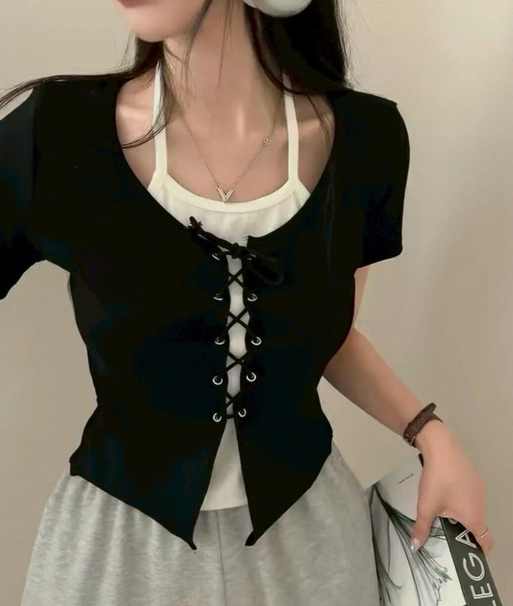 前綁帶假兩件撞色上衣