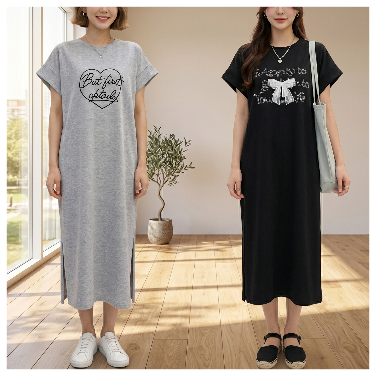 【ASister 小姊姊】AS1385#休閒洋裝☆切袖*韓系印花特輯*加大尺碼中長版休閒洋裝(2款多色 M-4XL)