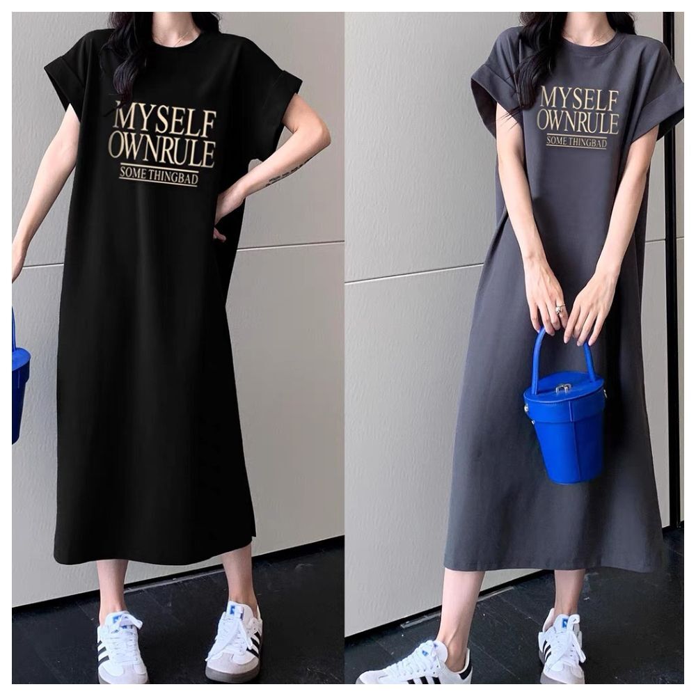 【ASister 小姊姊】AS1387#休閒洋裝☆切袖*Myself*加大尺碼中長版休閒洋裝(2色 L-4XL)