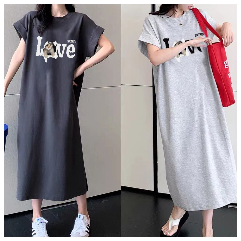 【ASister 小姊姊】AS1390#休閒洋裝☆切袖*LOVE貓咪*加大尺碼中長版休閒洋裝(5色 L-4XL)