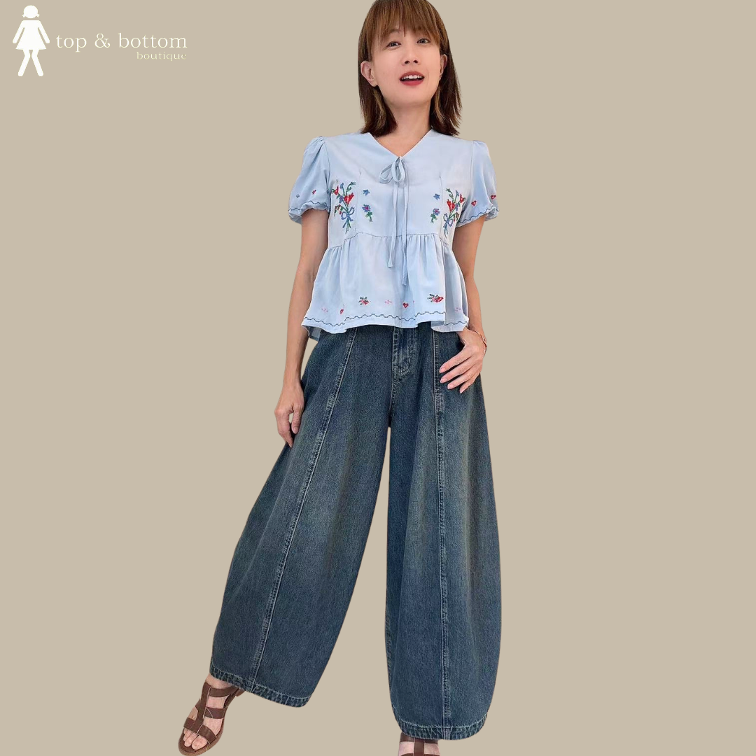 PUFFY SLEEVE BABY DOLL BLOUSE WITH FLORAL EMBROIDERY
