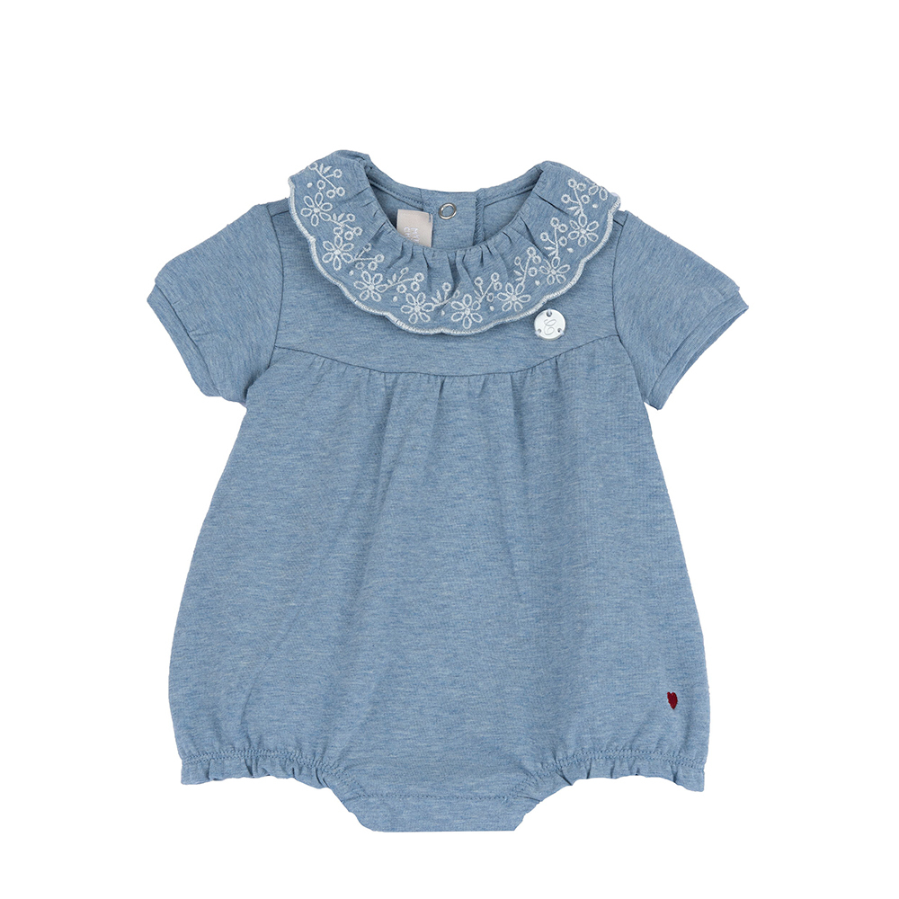 兔子花園-花紗藍鏤空刺繡荷葉領短袖兔裝