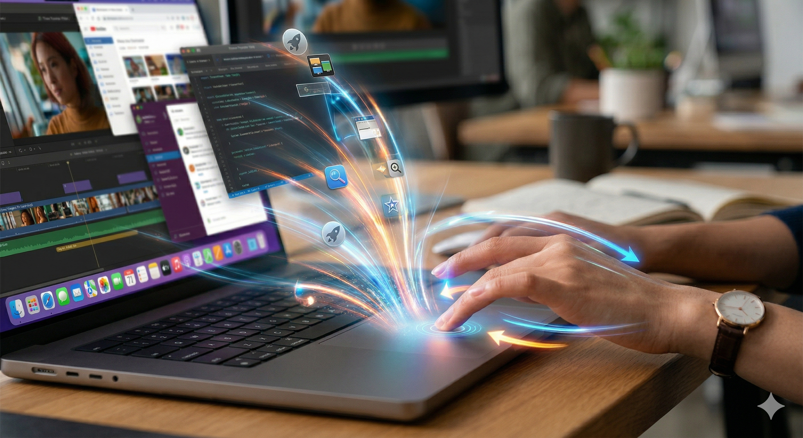 筆記型電腦觸控板發出光學特效，象徵透過觸控手勢快速開啟影片編輯、程式碼與各類應用程式