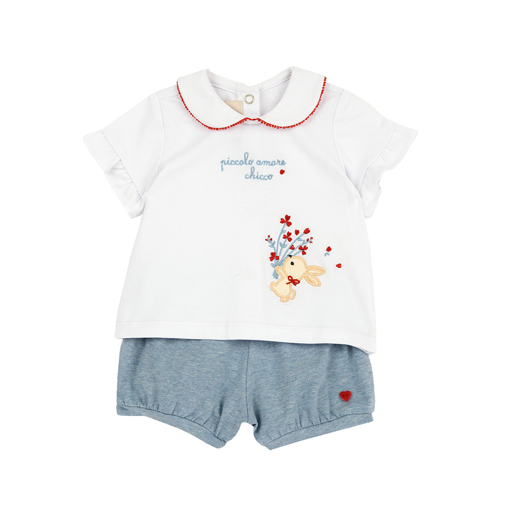 兔子花園-有領短袖上衣+花紗藍短褲套裝