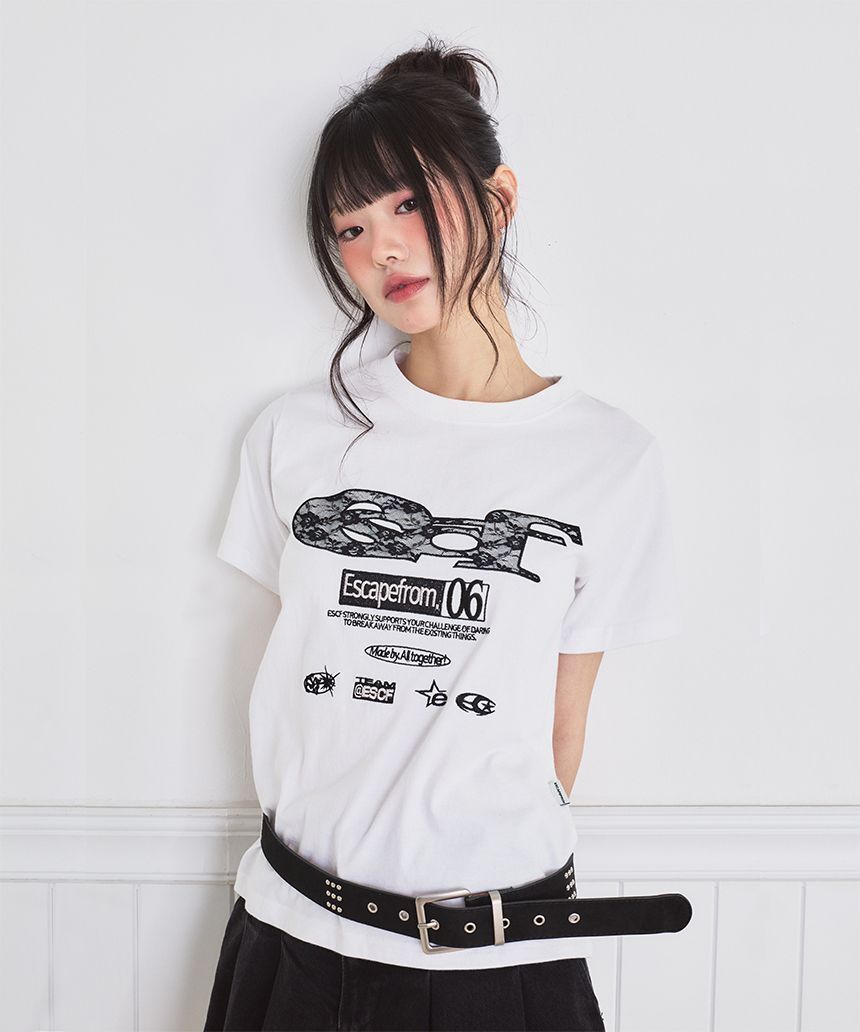 ESCAPEFROM 蕾絲 ESCF 標誌拼貼貼布標準版短袖T恤 E261NTS