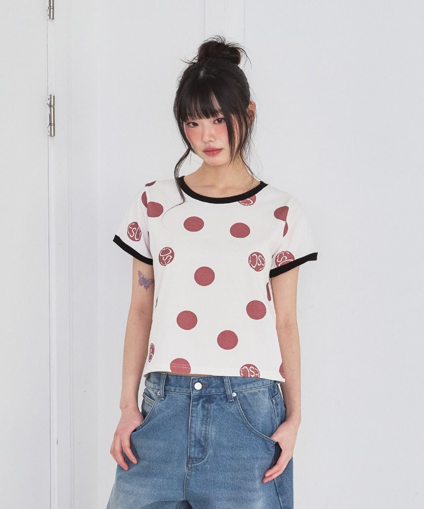 ESCAPEFROM 紅色大Logo點點滿版印花環領短袖T恤 象牙白 E261LTS