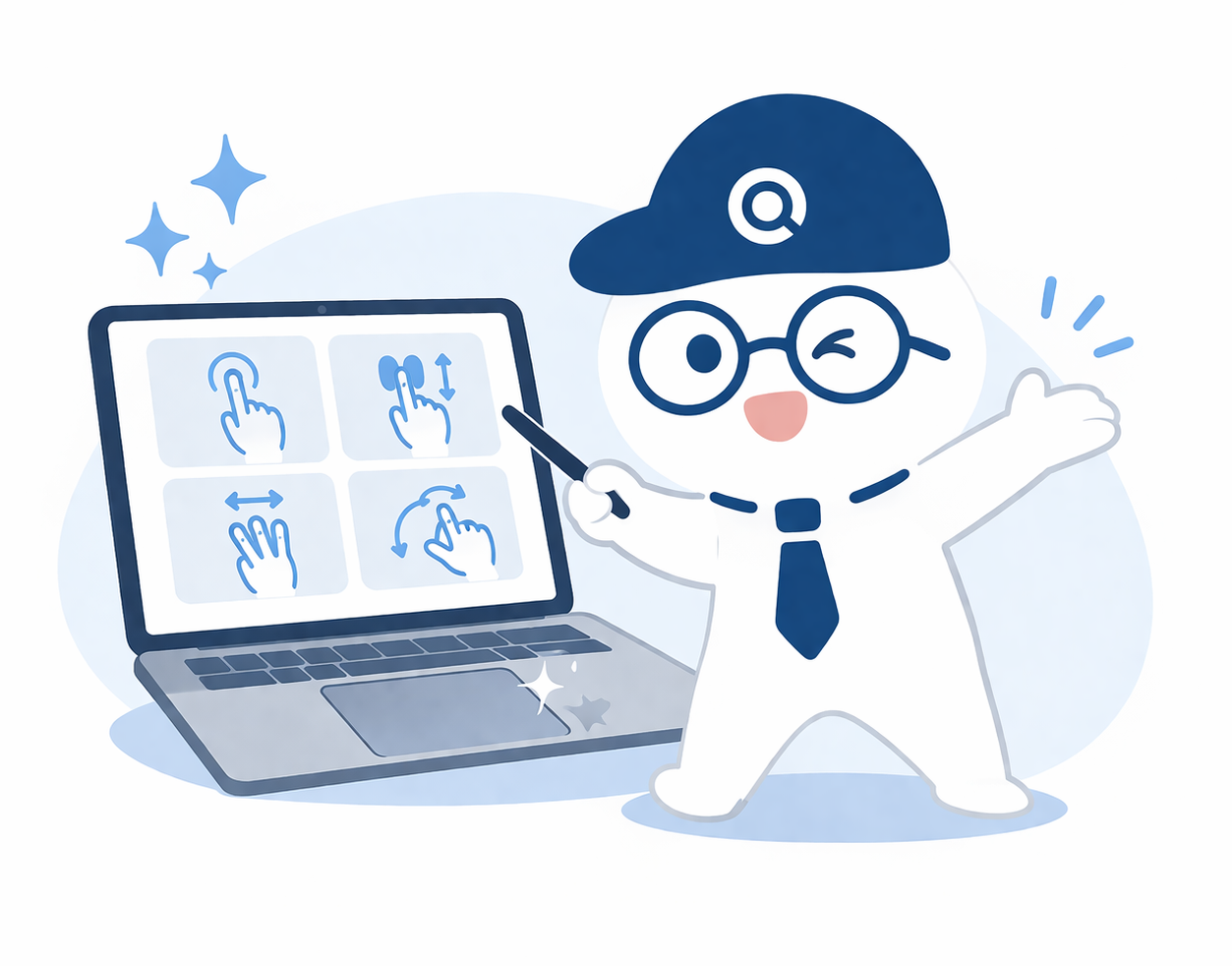 Q小編筆電觸控板操作大全教學插畫，展示單指點擊、雙指縮放、三指切換等手勢指南