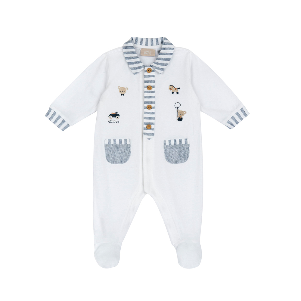 玩具樂園-剪接條紋有領前開長袖兔裝