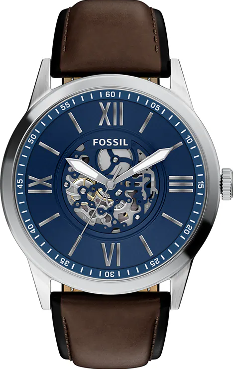 萬年鐘錶 - Fossil  Flynn 經典雅仕羅馬數字手錶咖啡色真皮錶帶機械男錶 BQM7128 錶徑48MM