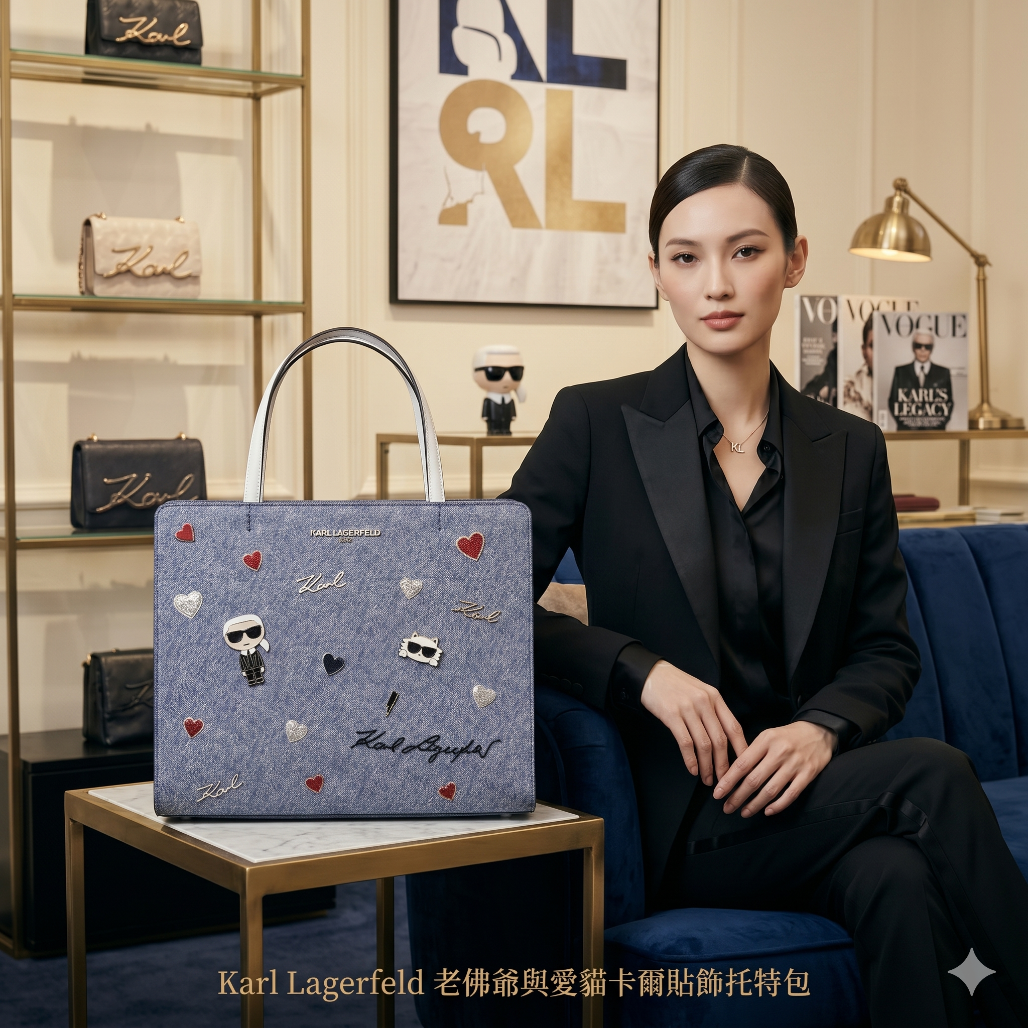 【預購】H041662  Karl Lagerfeld 老佛爺與愛貓卡爾貼飾托特包