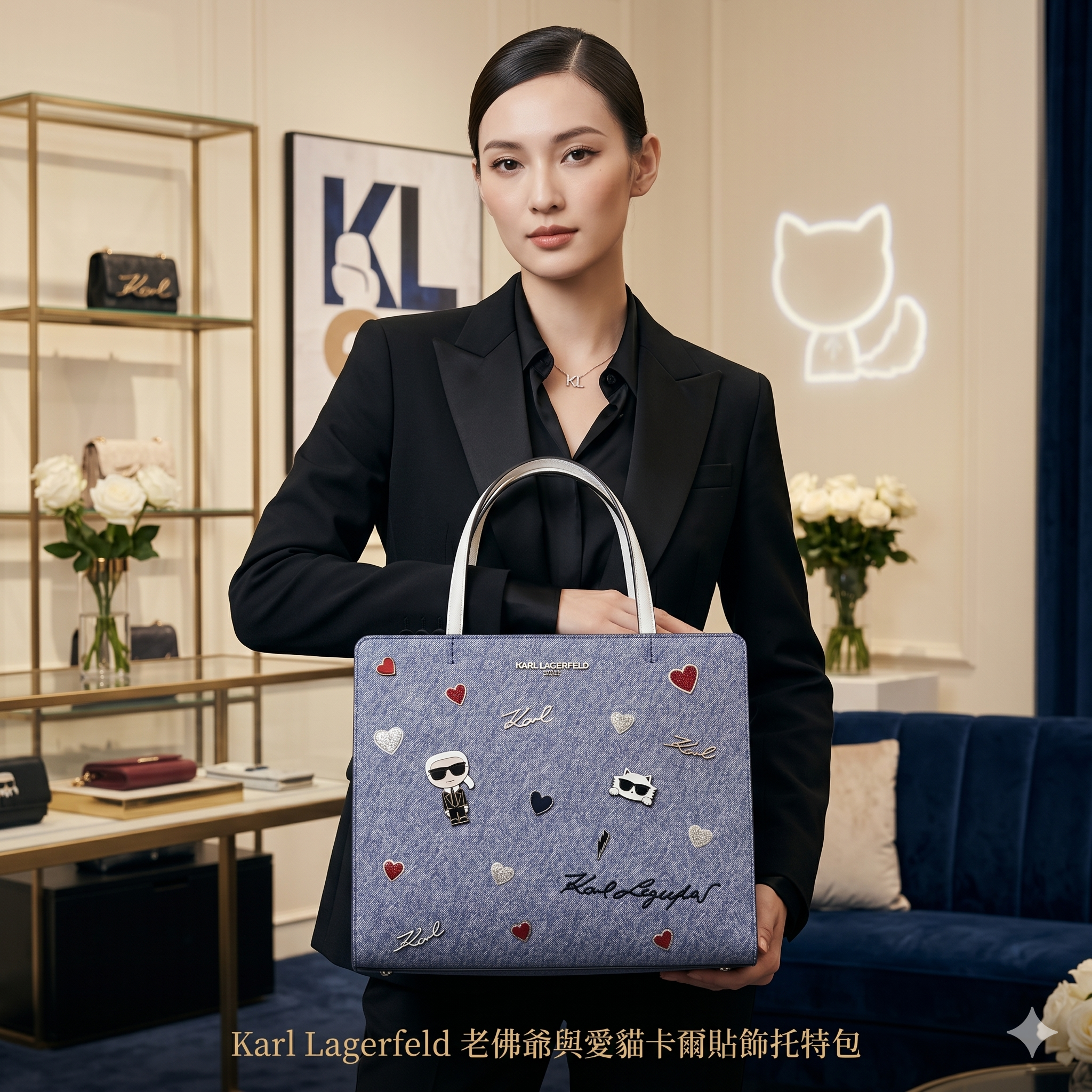 【預購】H041662  Karl Lagerfeld 老佛爺與愛貓卡爾貼飾托特包