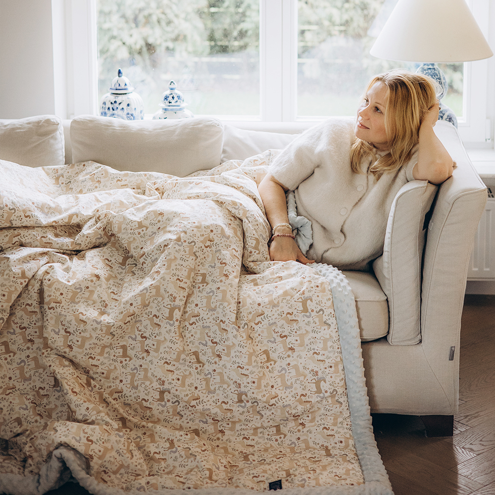 La Millou波蘭 暖膚豆豆毯雙人款(210x220cm)｜九天朵朵馬(藍底)｜柏林寶寶綠