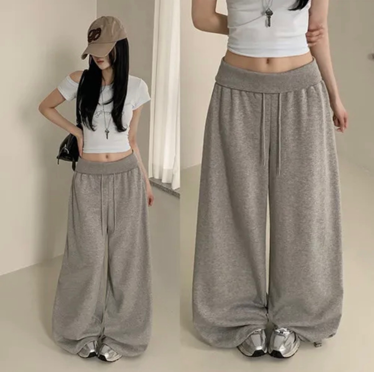 【優惠預訂】韓國反摺高腰抽繩棉質闊褲（4色）