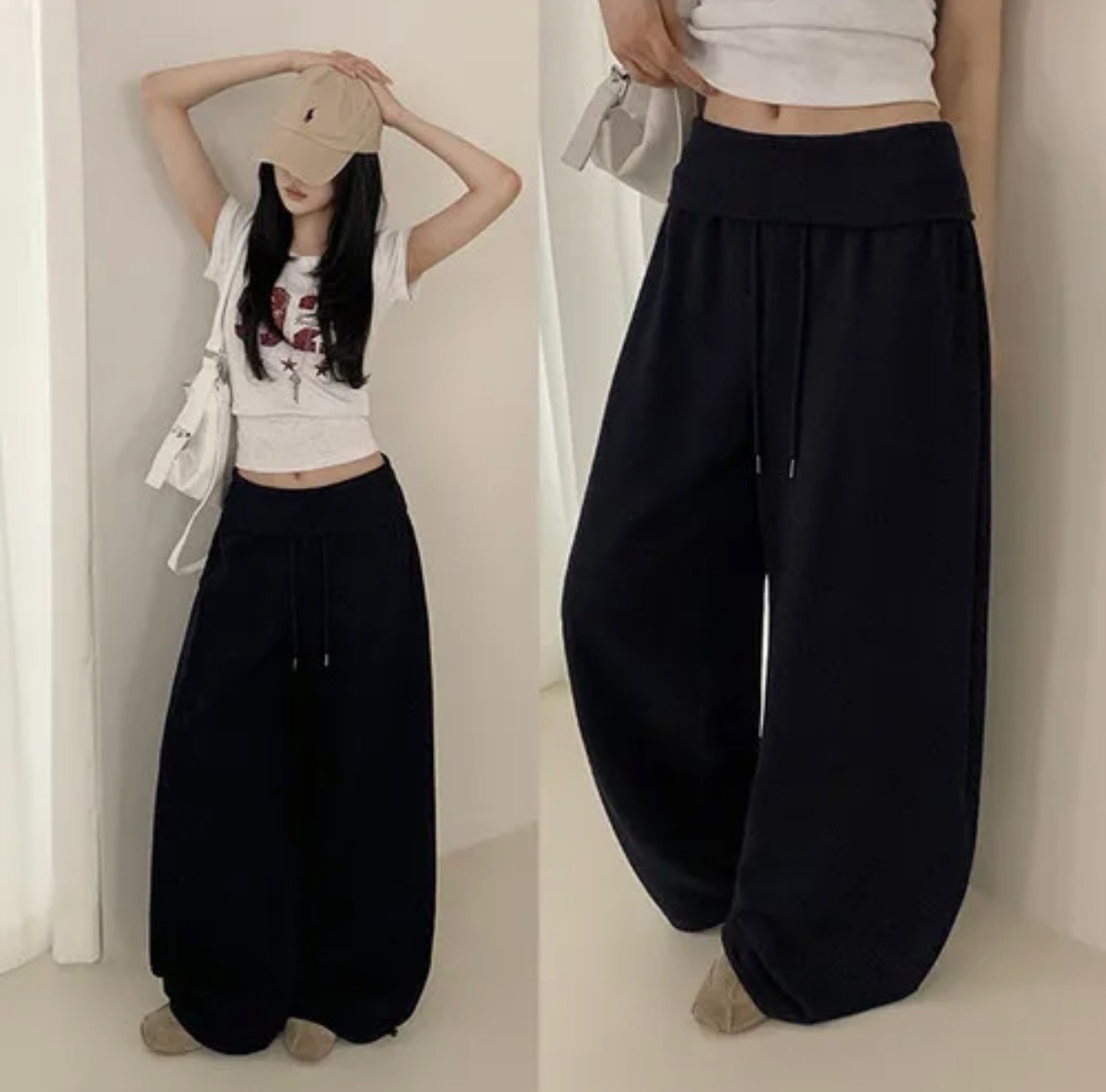 【優惠預訂】韓國反摺高腰抽繩棉質闊褲（4色）