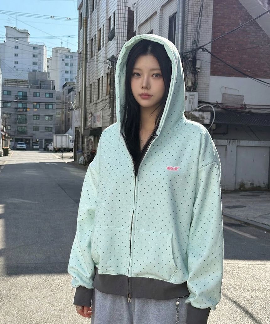 ESCAPEFROM ESCF Logo 拼貼徽章點點雙向連帽拉鍊外套 薄荷色 E261HZ