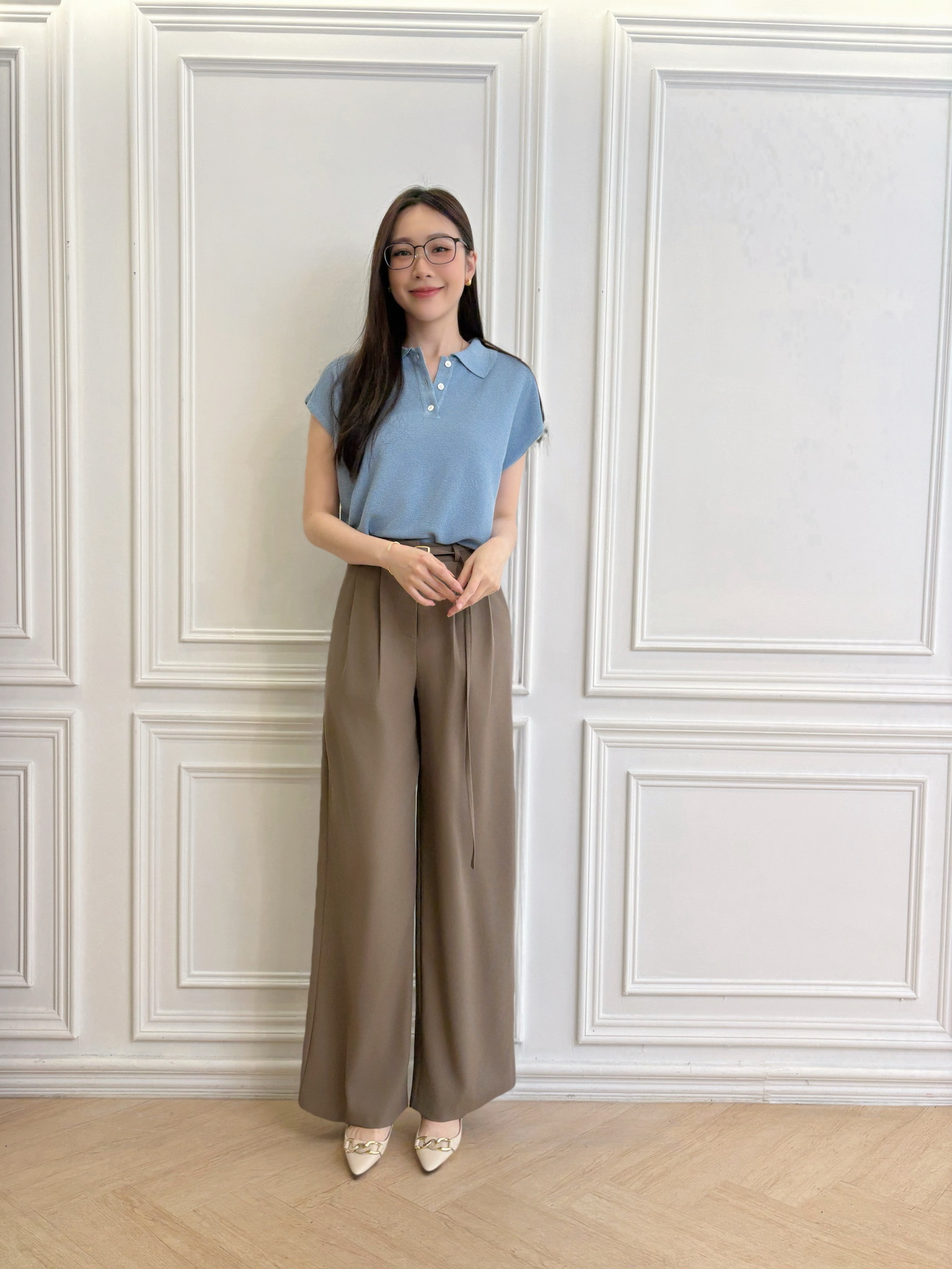 鮮豔翻領半袖針織上衣