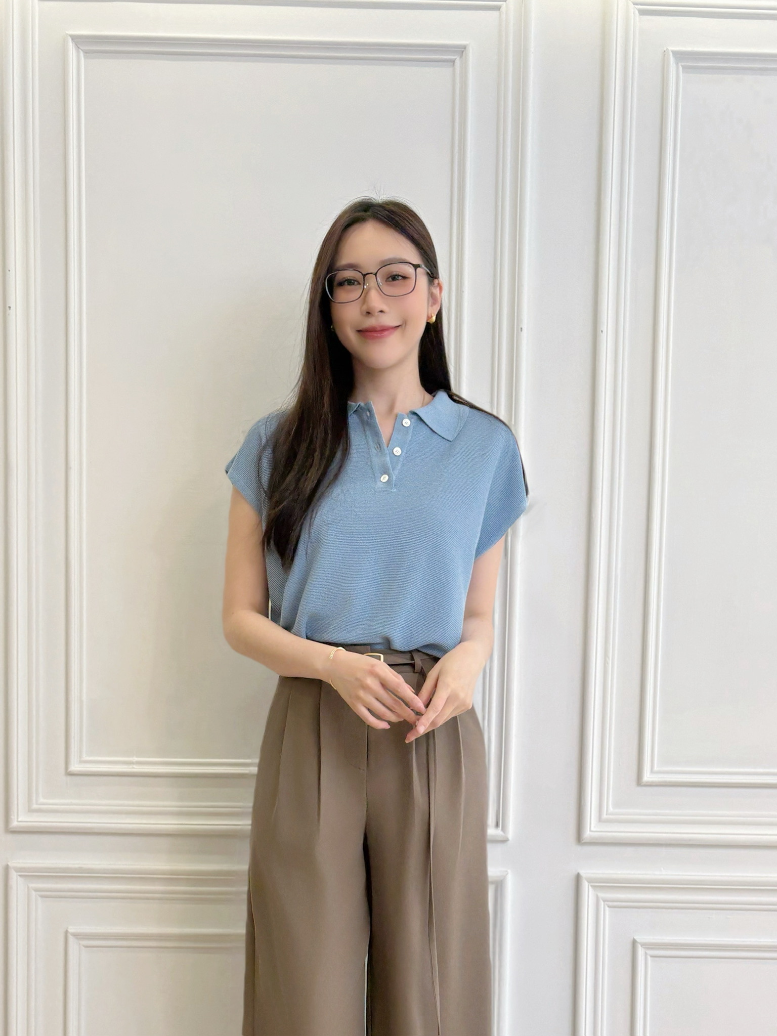 鮮豔翻領半袖針織上衣