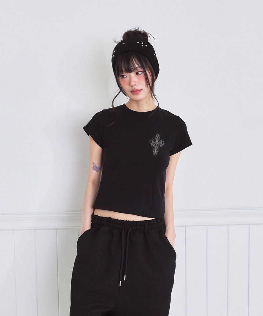 ESCAPEFROM 復古十字印花修身短袖上衣 黑色 E261STS