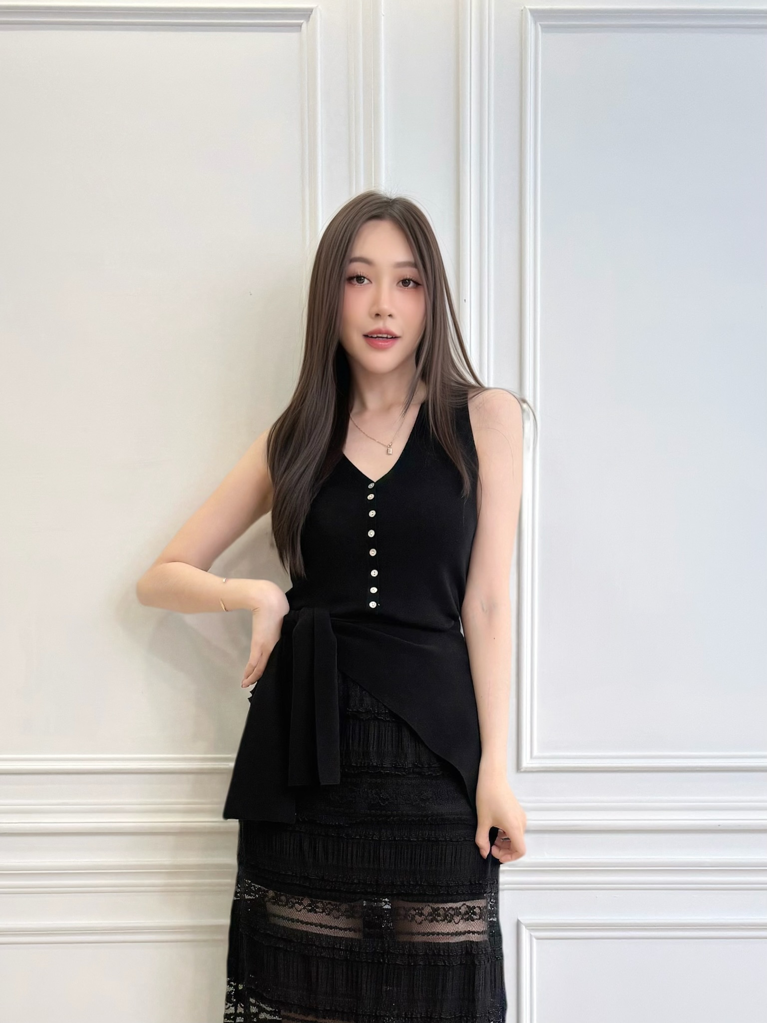 V領天絲半袖針織上衣套裝