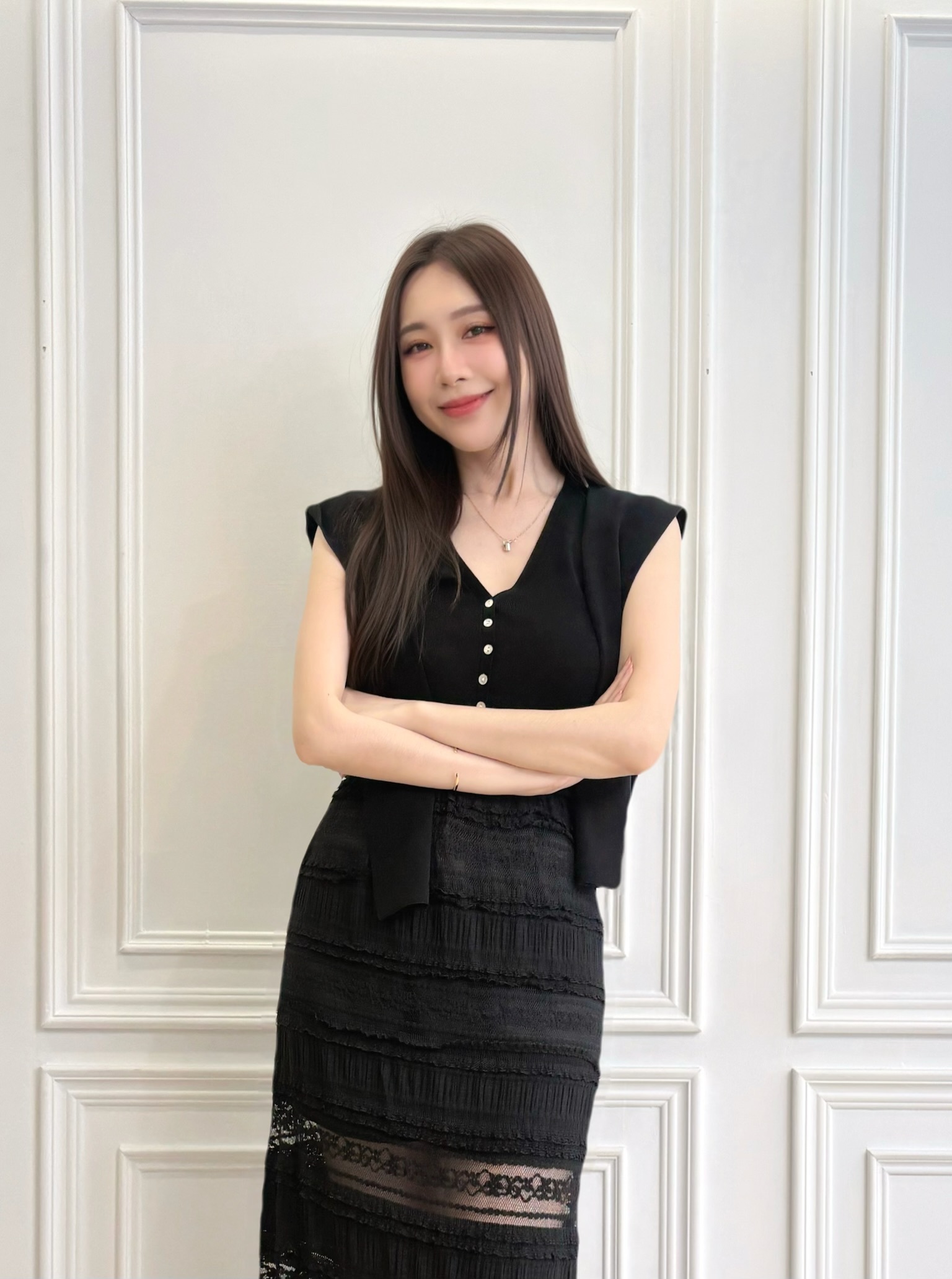 V領天絲半袖針織上衣套裝