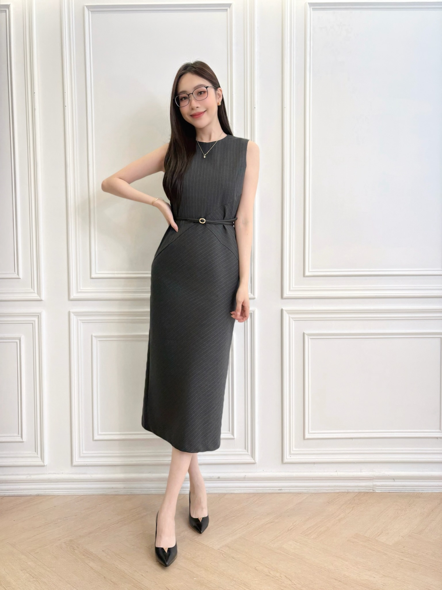 優雅直條紋背心長洋