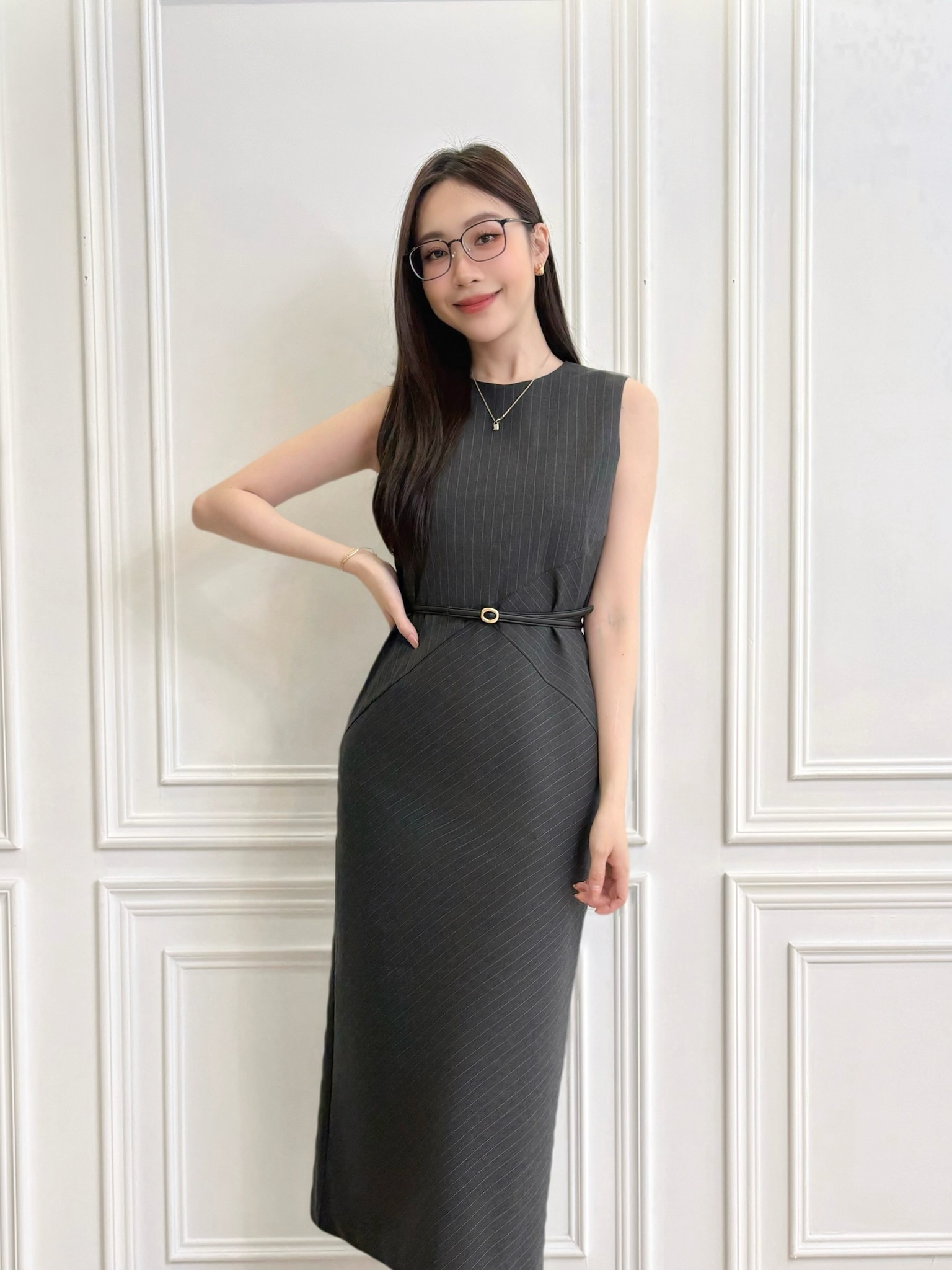 優雅直條紋背心長洋