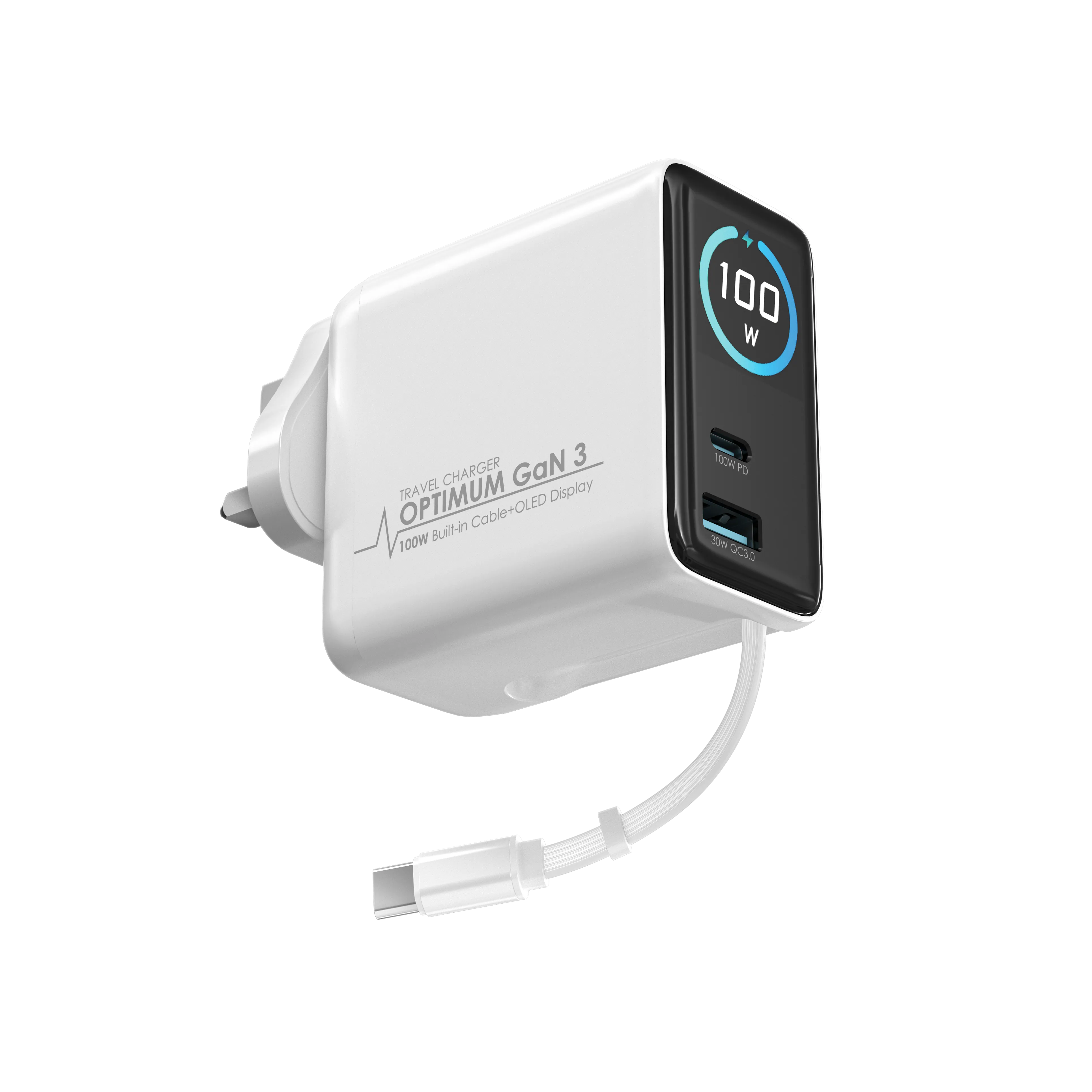 EGO 100W OPTIMUM GaN3 旅行充｜OLED 顯示・100W 伸縮線快充・超迷你設計