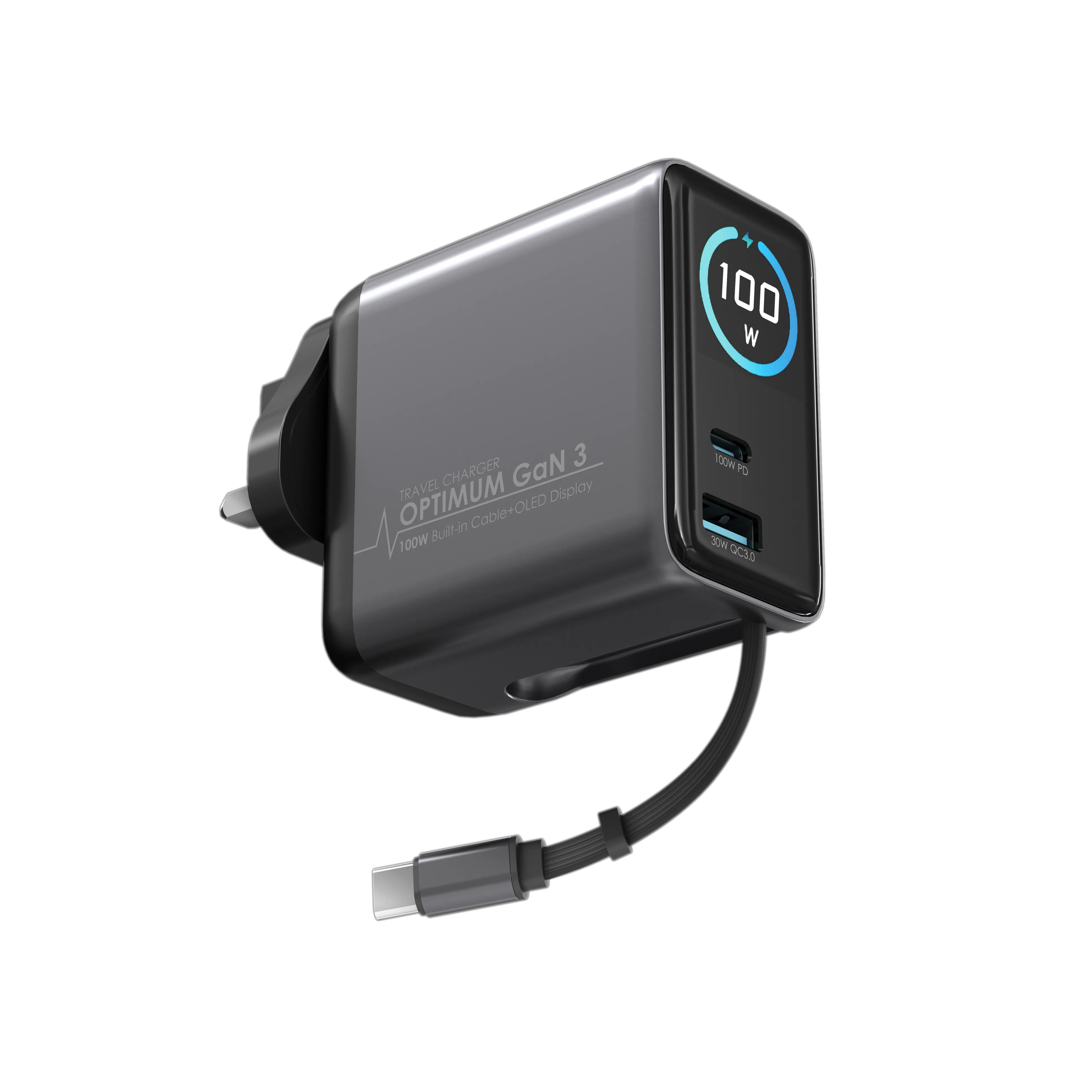 EGO 100W OPTIMUM GaN3 旅行充｜OLED 顯示・100W 伸縮線快充・超迷你設計