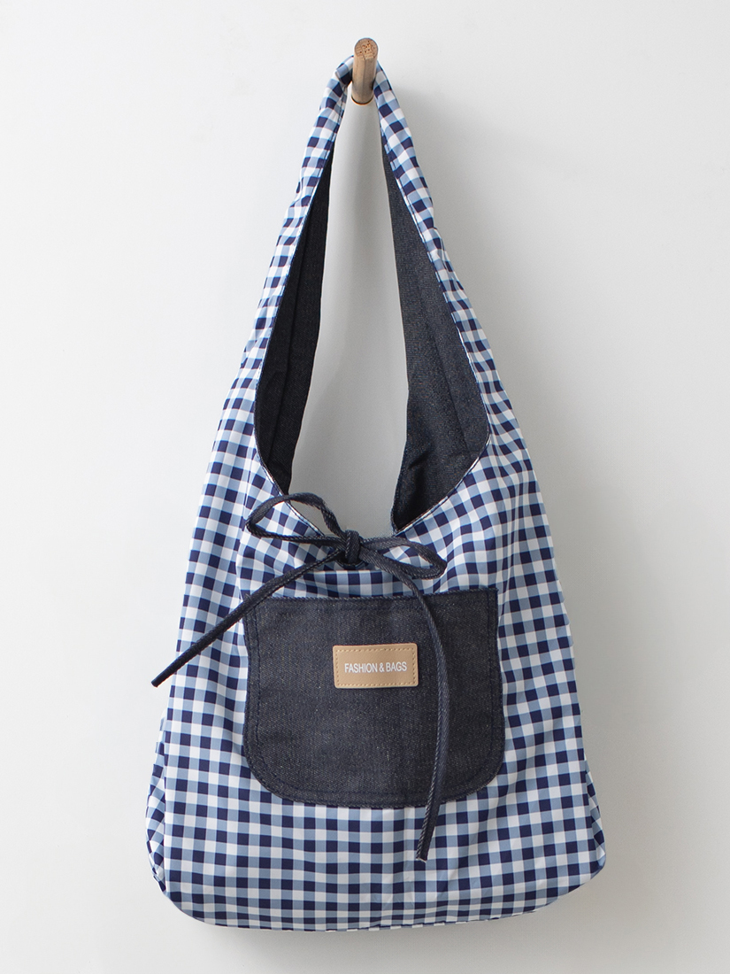 日系日常兩面用輕盈丹寧格紋蝴蝶結購物包