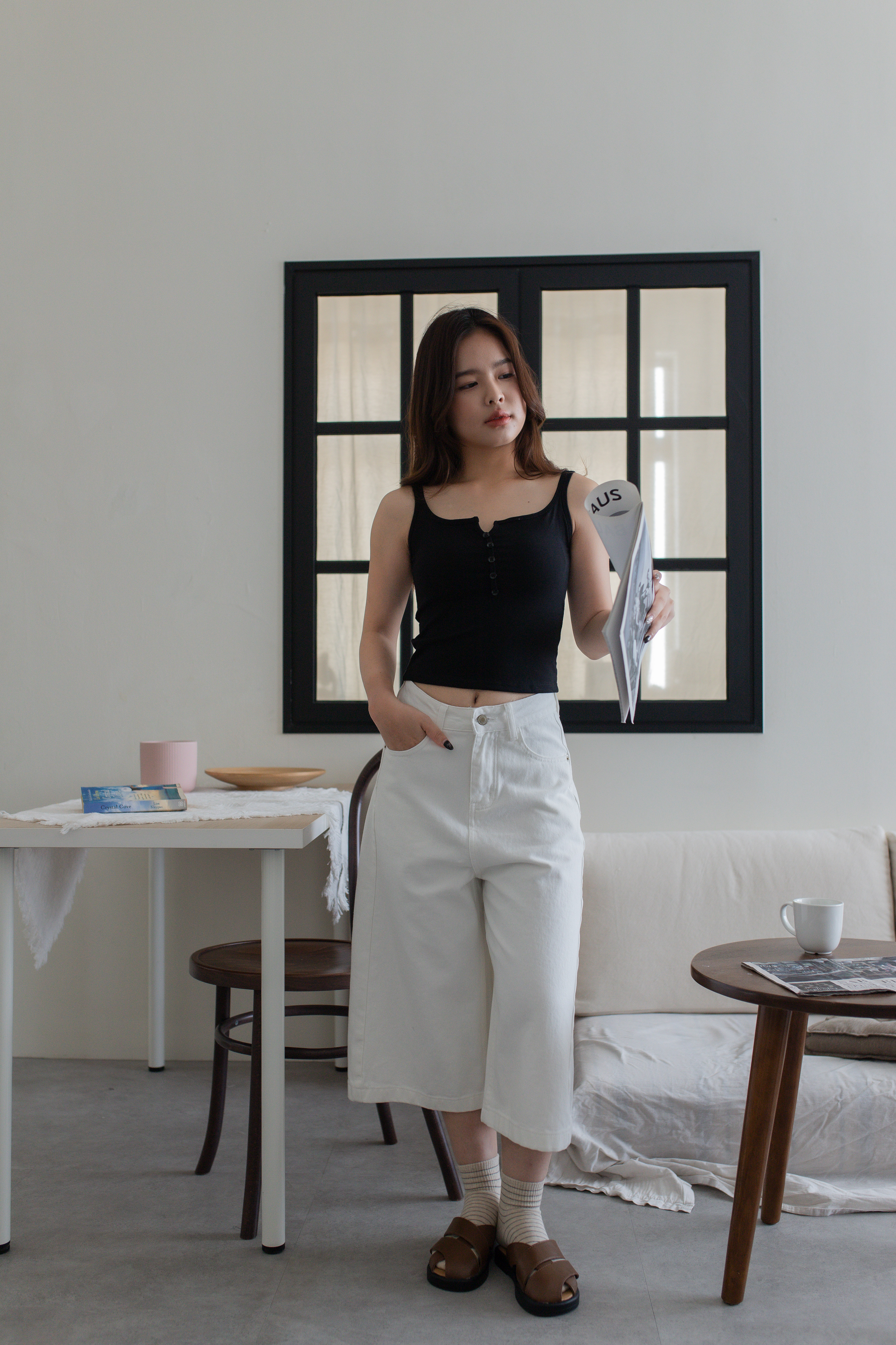 Helin Button Padded Tank Top Black -2691TVBLK