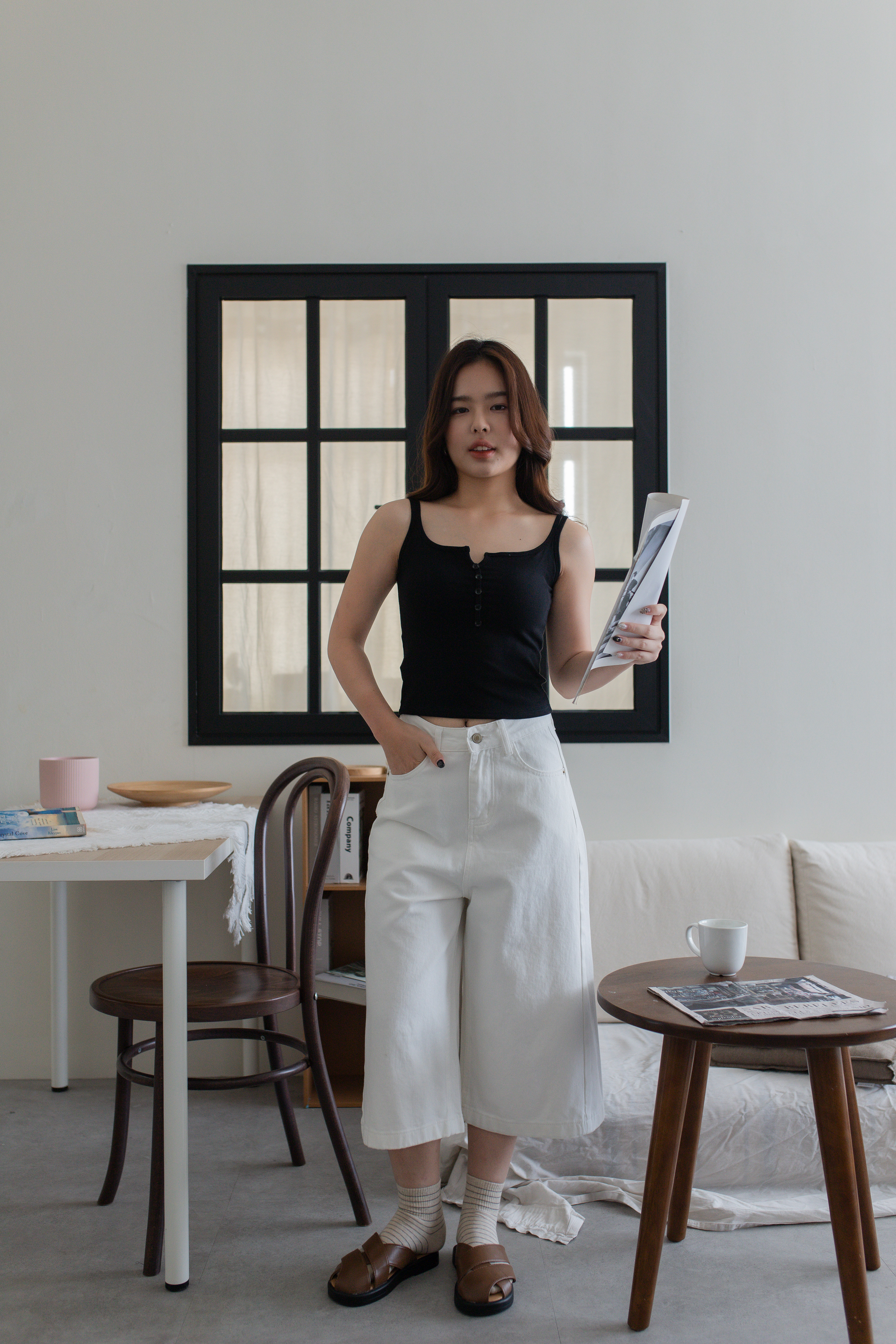 Helin Button Padded Tank Top Black -2691TVBLK