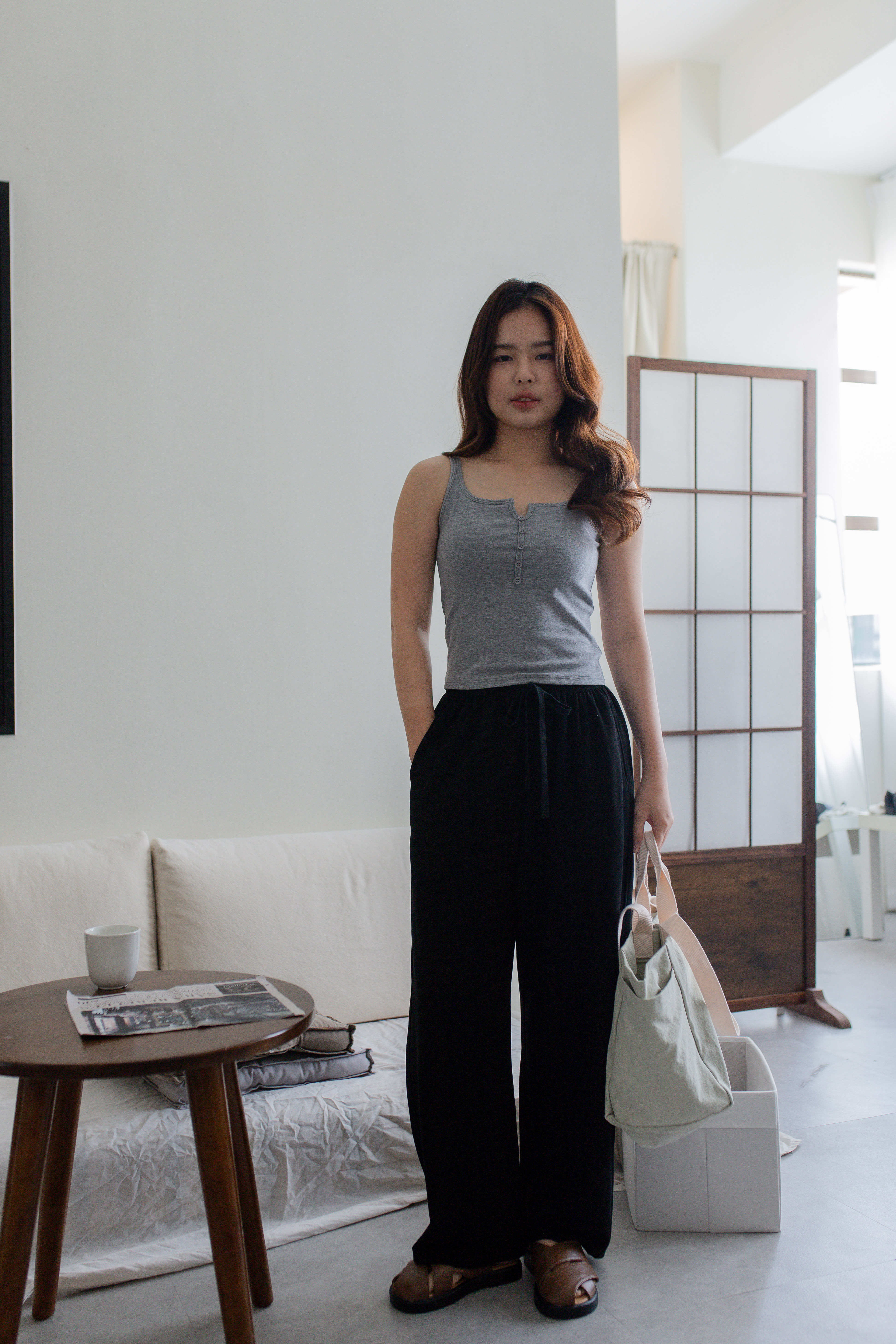 Helin Button Padded Tank Top Grey -2691TVGRY