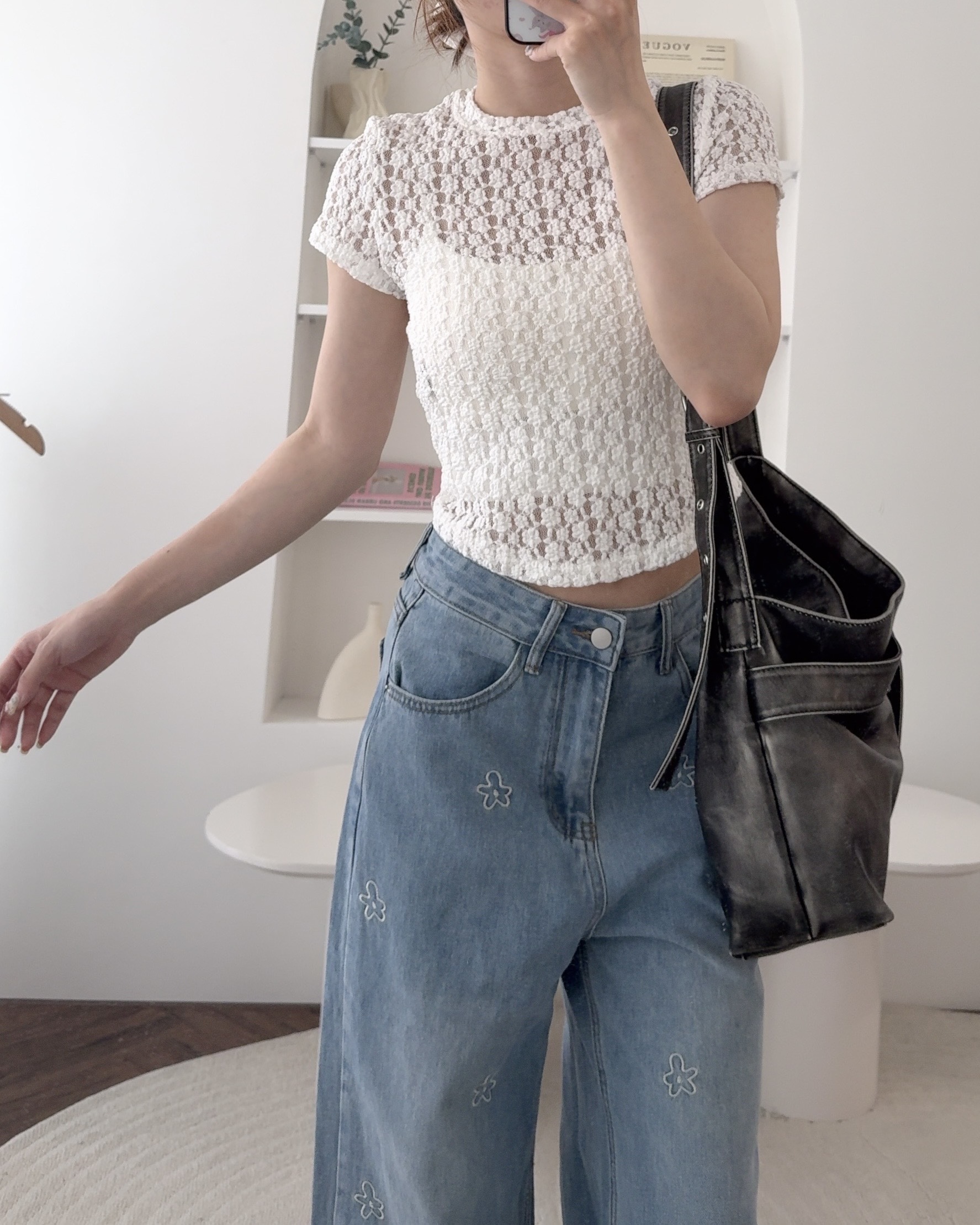 法朵Fado shop｜立體蕾絲小花透膚短T 0315008 三色