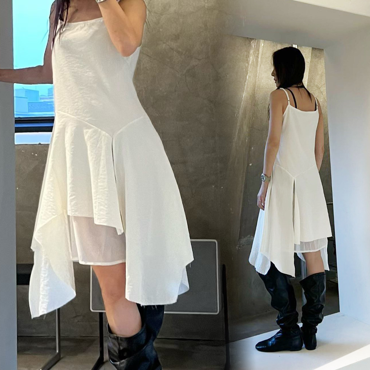 不對稱雙層裙擺造型細肩帶短洋裝 / 2色