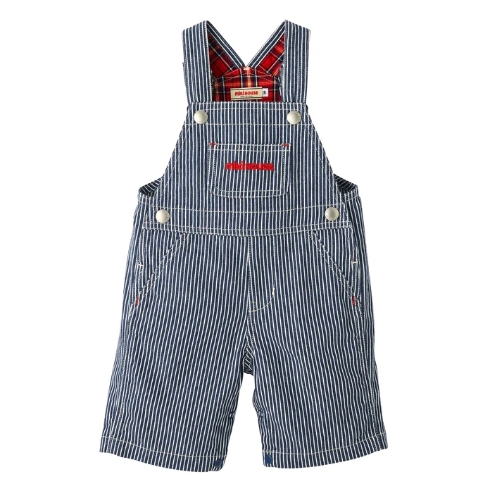 MIKI HOUSE牛仔條紋吊帶褲-海軍藍&白