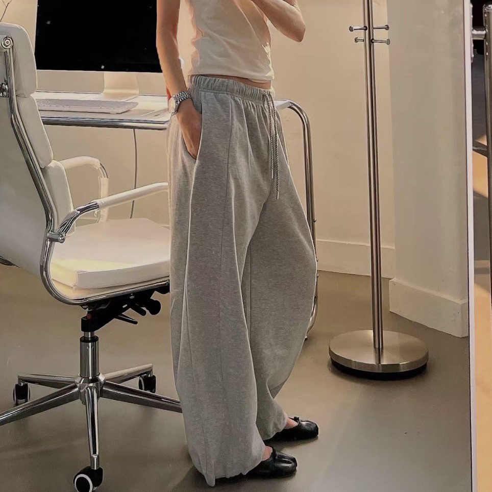 鬆緊腰斜紋綁帶造型抽繩縮口棉褲-F / 4色