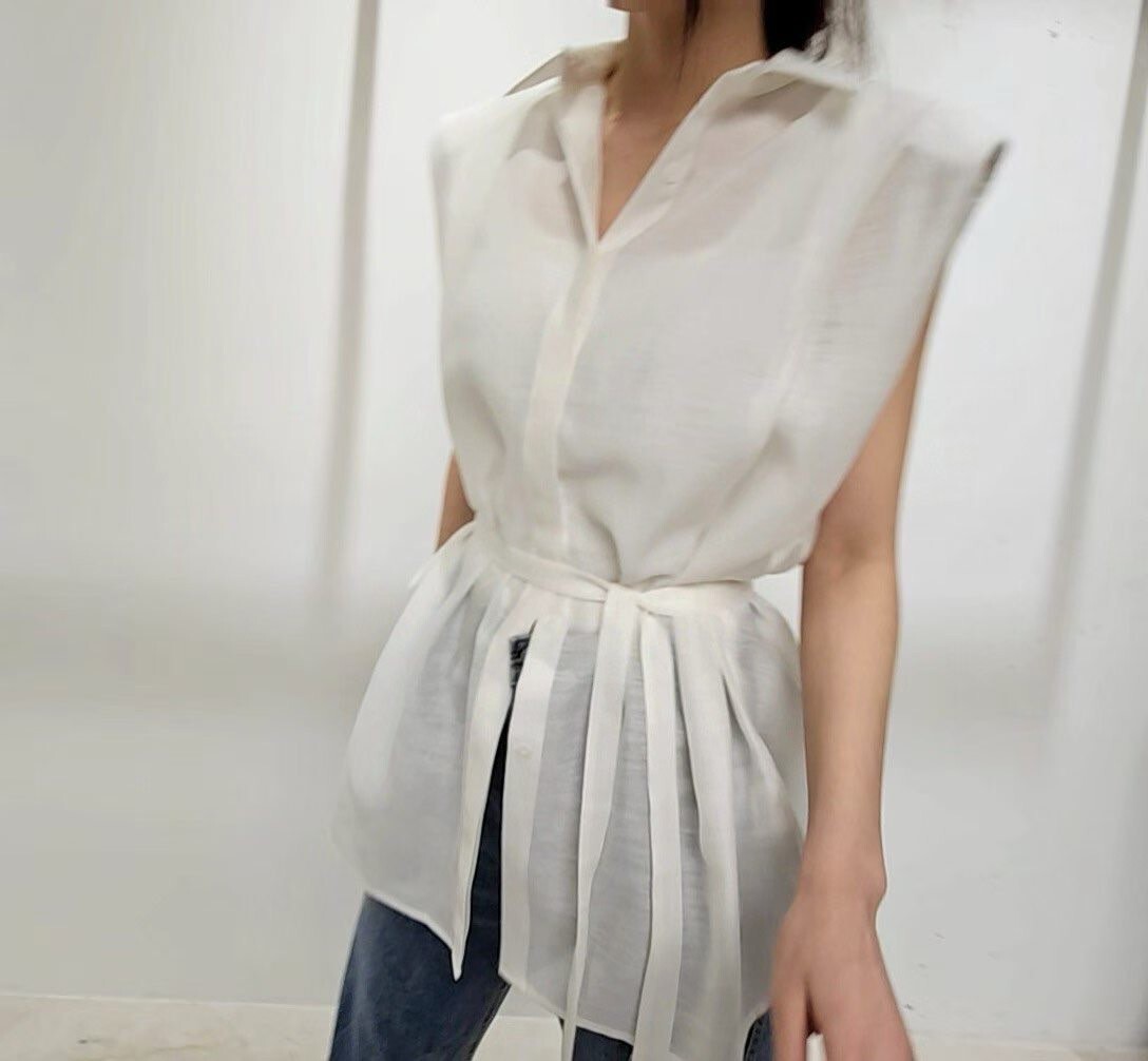 翻領寬肩無袖排釦長版上衣-附綁帶 / 3色