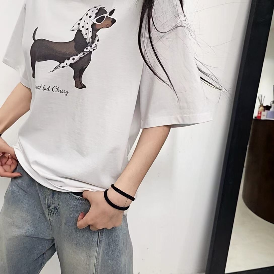 戴墨鏡綁頭巾臘腸狗短袖圓領棉質上衣 / 2色