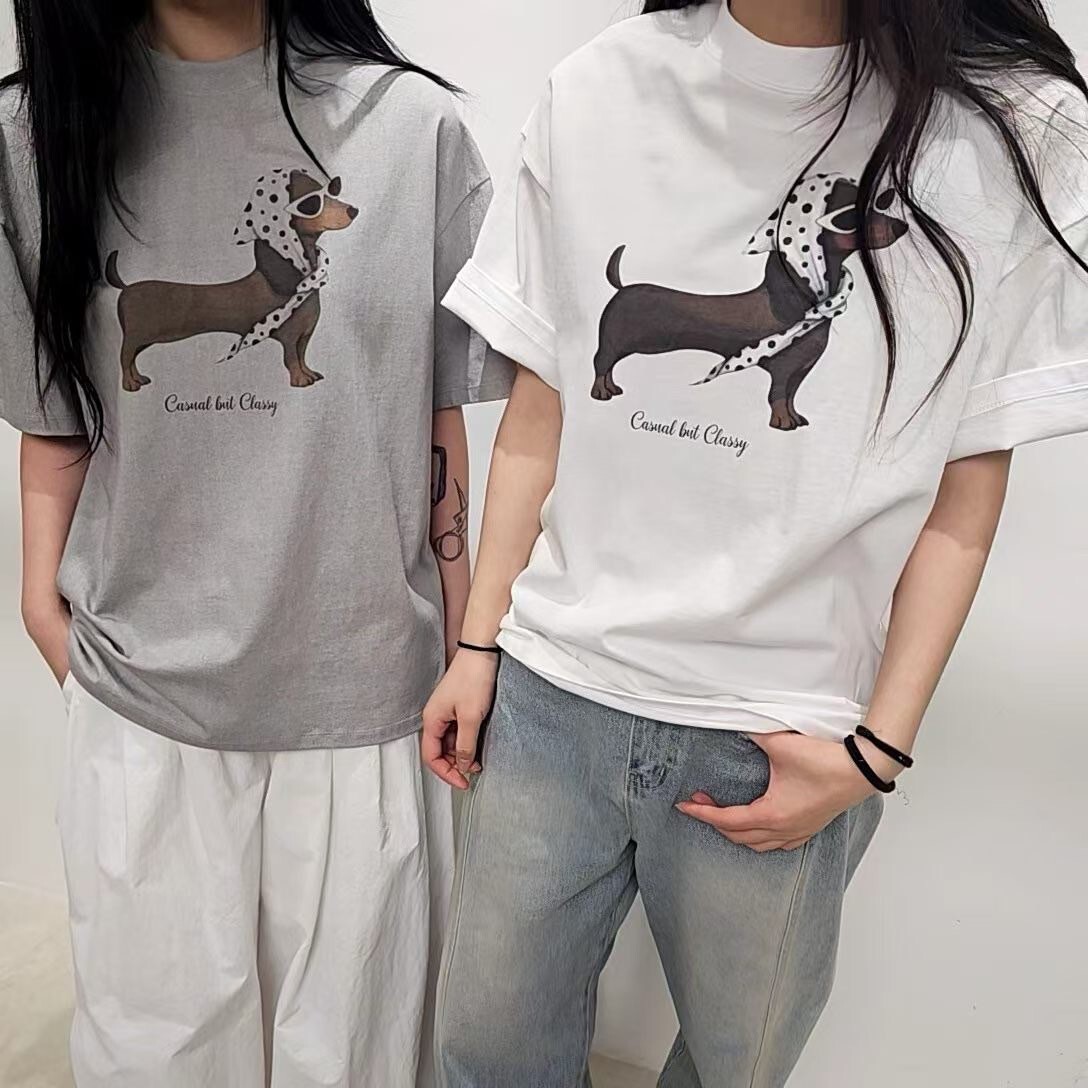 戴墨鏡綁頭巾臘腸狗短袖圓領棉質上衣 / 2色