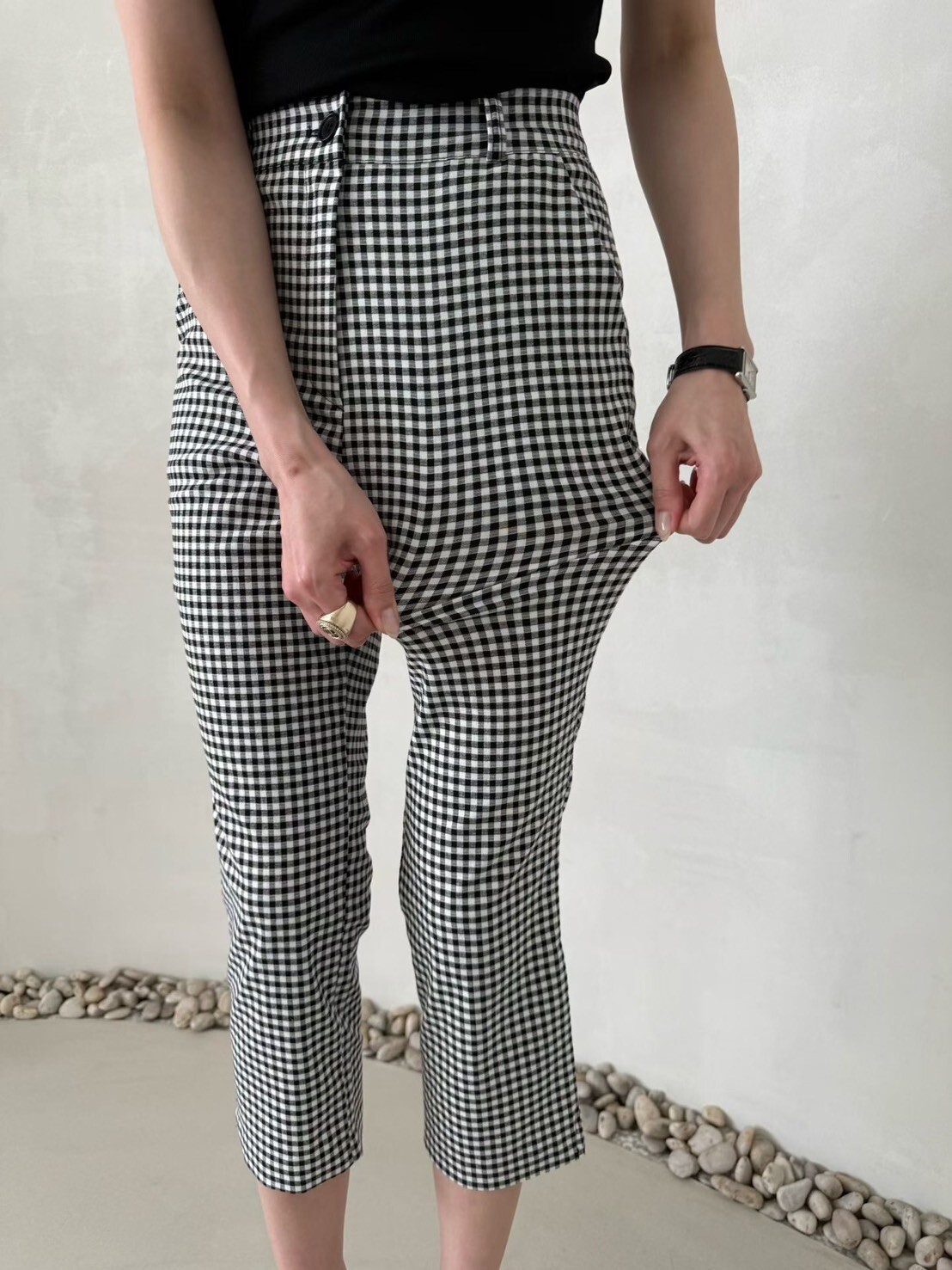 配色黑白格紋彈力卡布里七分褲-S-M