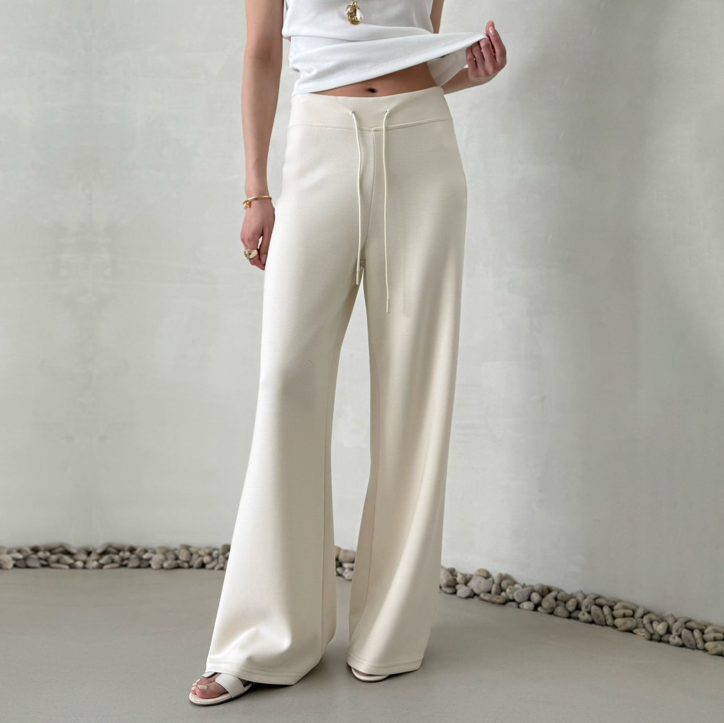 鬆緊腰寬腰頭綁帶造型休閒長褲-F / 2色