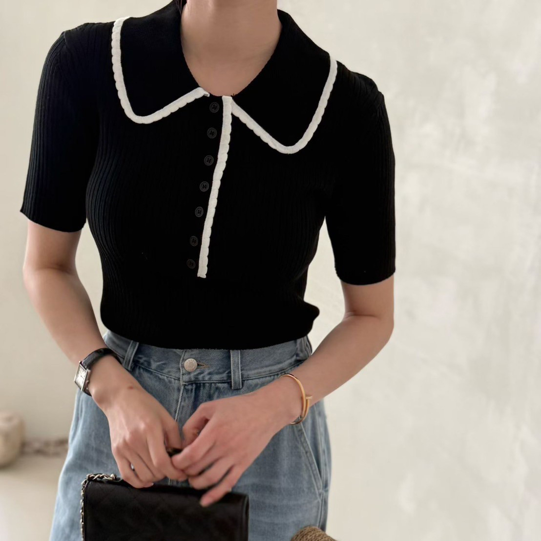 小香風配色滾邊領片造型排釦螺紋上衣 / 2色