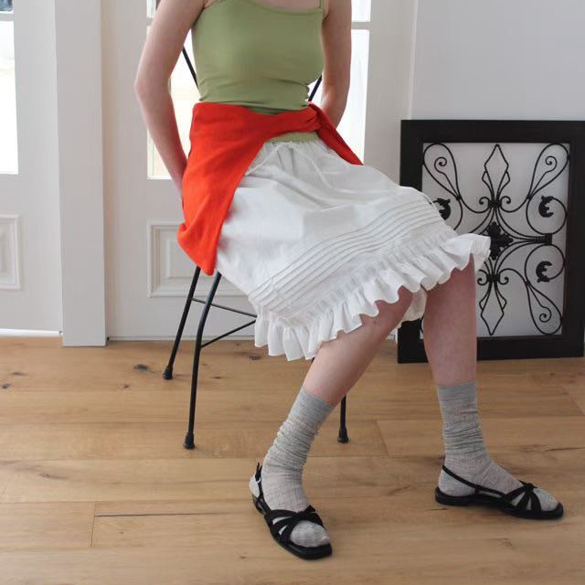 鬆緊腰綁帶魚尾裙擺壓摺感澎澎及膝裙-F / 2色