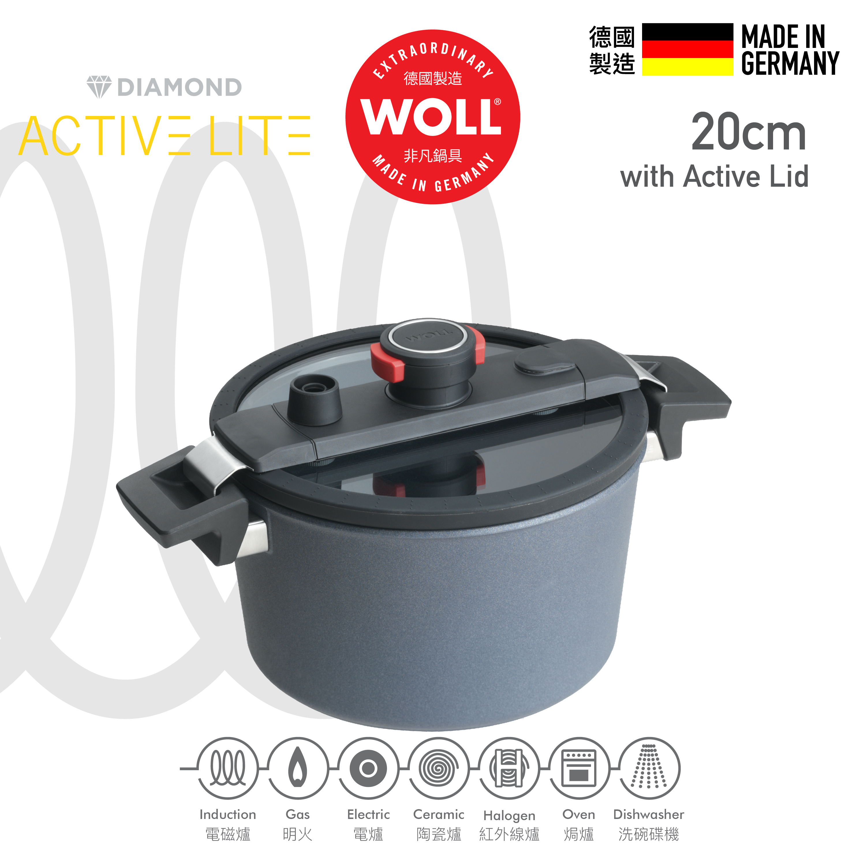 WOLL 高速微壓系列 - 20cm / 3L 高速微壓鑽石雙耳湯煲 (連微壓玻璃蓋)