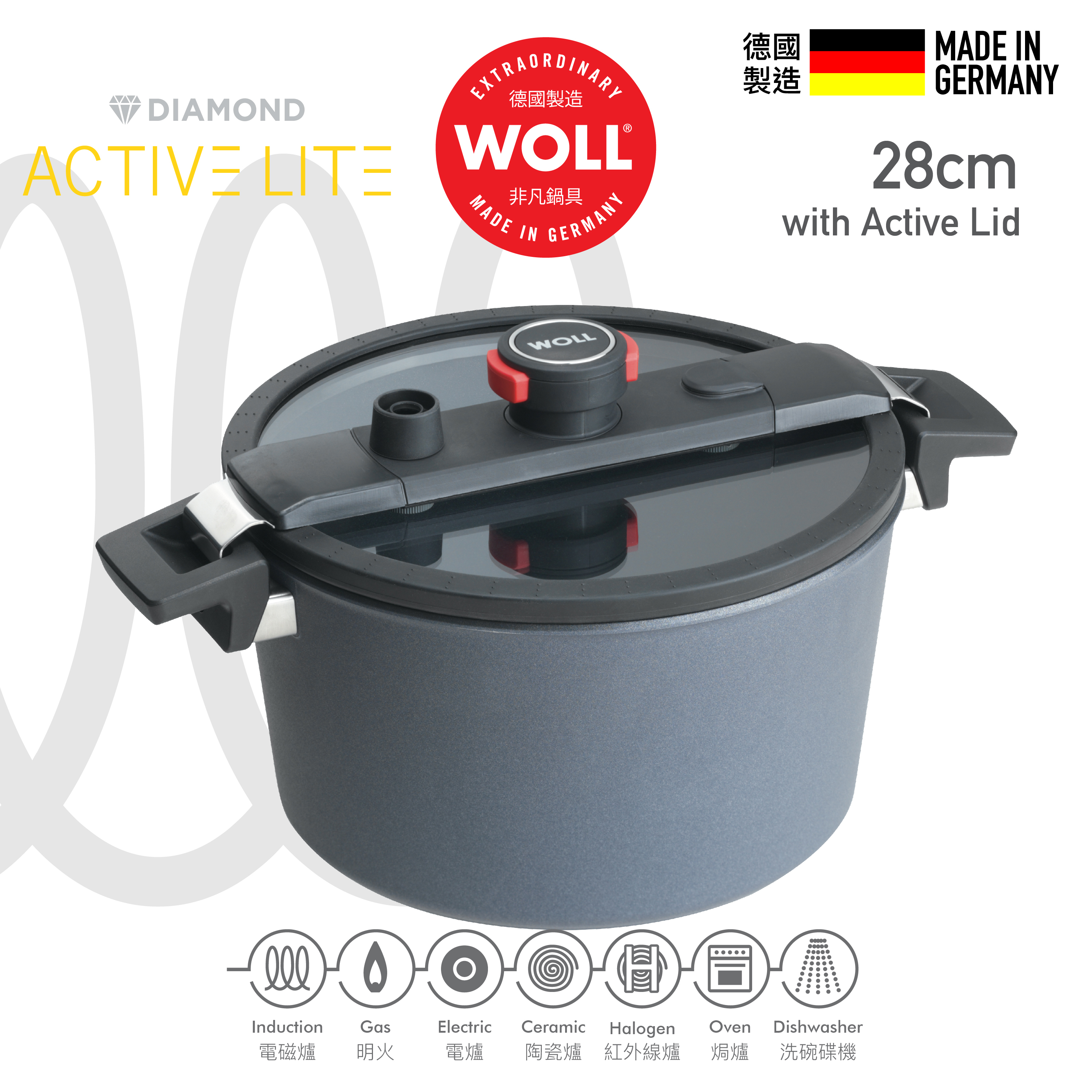 WOLL 高速微壓系列 - 28cm / 7.5L 高速微壓鑽石雙耳湯煲 (連微壓玻璃蓋)