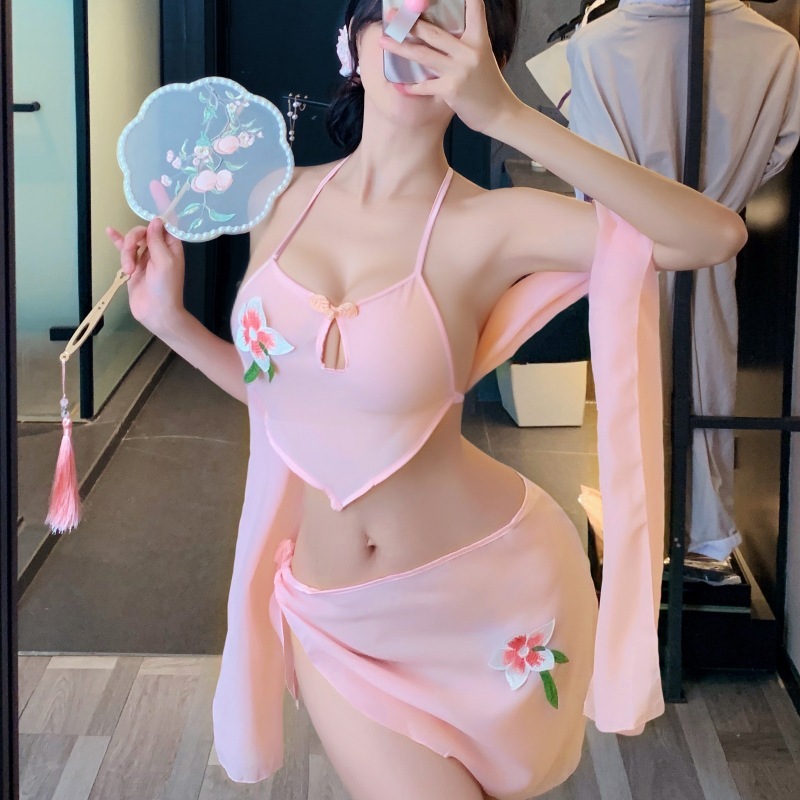 粉嫩桃花刺繡掛脖肚兜透視情趣套裝 JK-0213