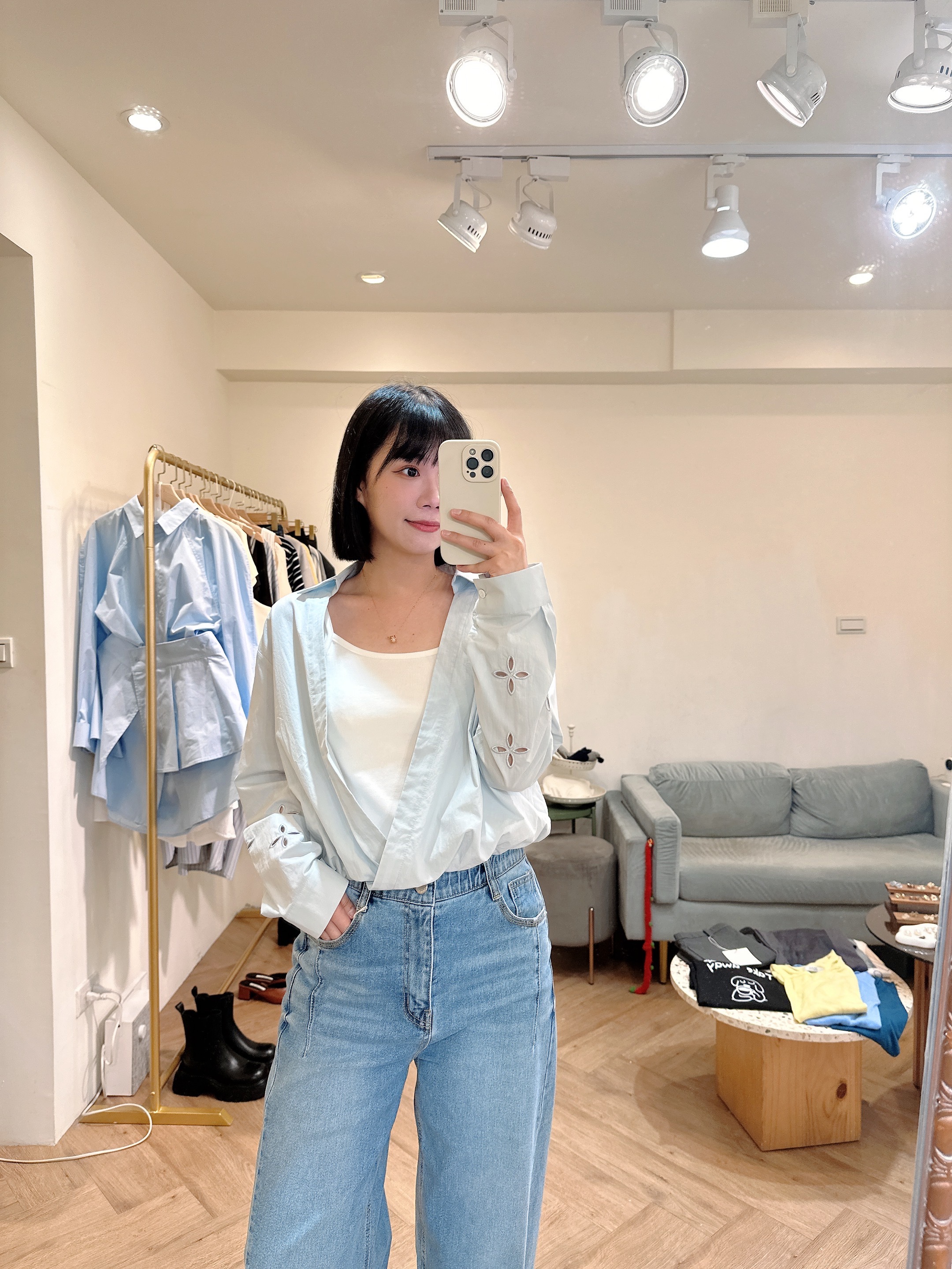 手袖鏤空刺繡假兩件襯衫