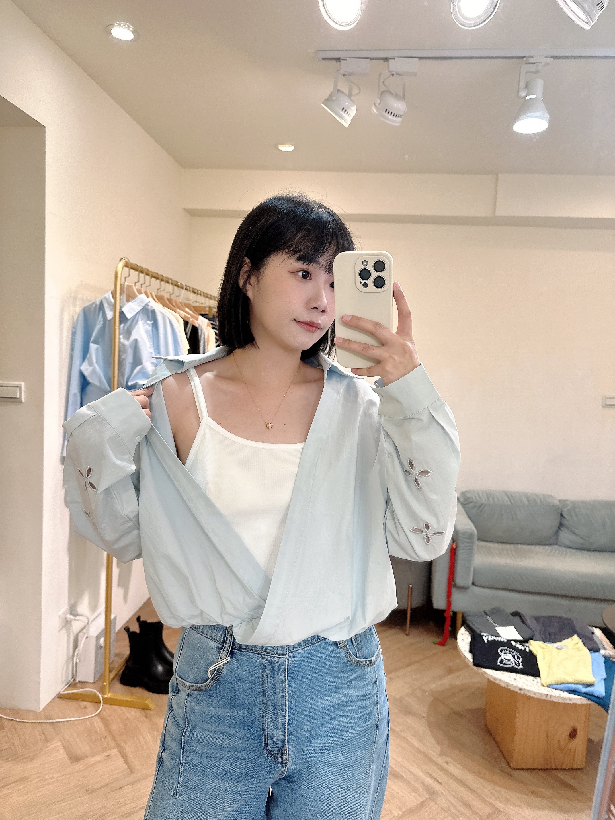 手袖鏤空刺繡假兩件襯衫